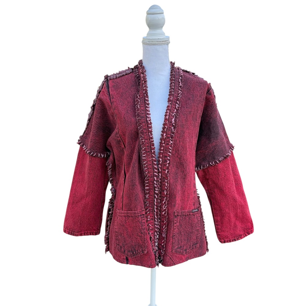 Vintage Roglins Jacket‎ Red Acid Wash Denim Fringe Trim Boho Festival